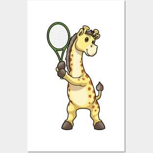 Giraffe at Tennis with Tennis racket Posters and Art